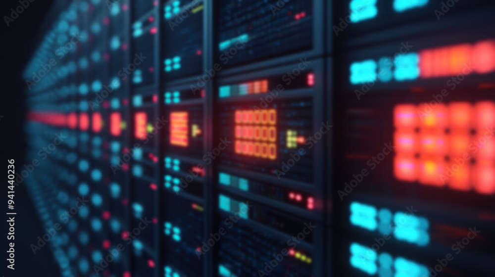 Blurred image of illuminated data center servers showcasing technology and network infrastructure with vibrant LED lights. Blurred image of illuminated data center servers showcasing technology and network infrastructure with vibrant LED lights.