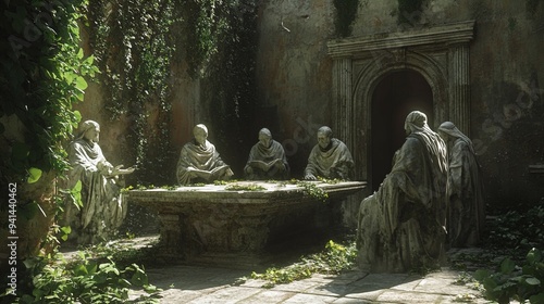 An aged and overgrown courtyard featuring a group of seven life-sized stone statues cloaked in robes, surrounding a rectangular table. The scene is dappled in sunlight filtering through dense ivy and  photo