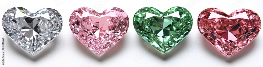 A row of four heart-shaped gemstones in different colors, including pink, green, and red, displayed on a white background.
A row of four heart-shaped gemstones in different colors, including pink, green, and red, displayed on a white background.