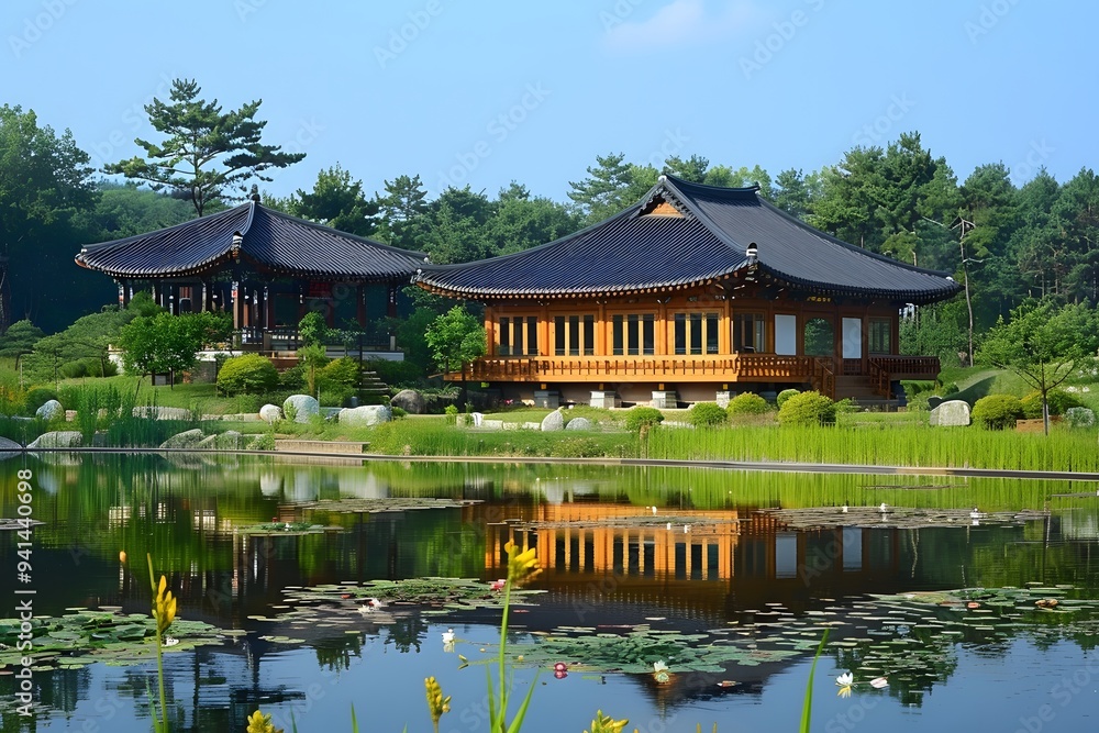 Serene Reflection of Traditional Architecture in a Tranquil Garden Setting Serene Reflection of Traditional Architecture in a Tranquil Garden Setting