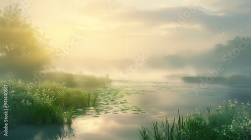 Show a serene morning scene with gentle fog rolling in, gradually giving way to bright sunshine as the fog lifts and the day warms up