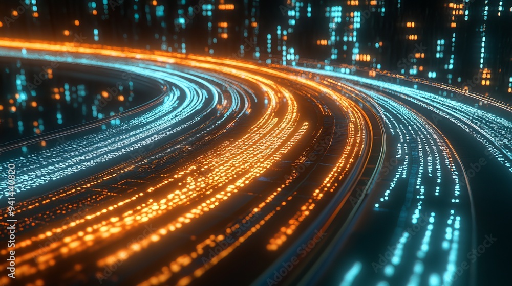 Digital data streams like a river of ones and zeros, flowing through a digital highway. A conceptual image depicts this data flow as a series of binary digits speeding along a virtual roadway. Digital data streams like a river of ones and zeros, flowing through a digital highway. A conceptual image depicts this data flow as a series of binary digits speeding along a virtual roadway.