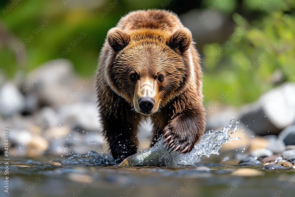 A grizzly bear catching fish in a rushing river, with the energy and movement of the water creating a dynamic, action-filled scene A grizzly bear catching fish in a rushing river, with the energy and movement of the water creating a dynamic, action-filled scene