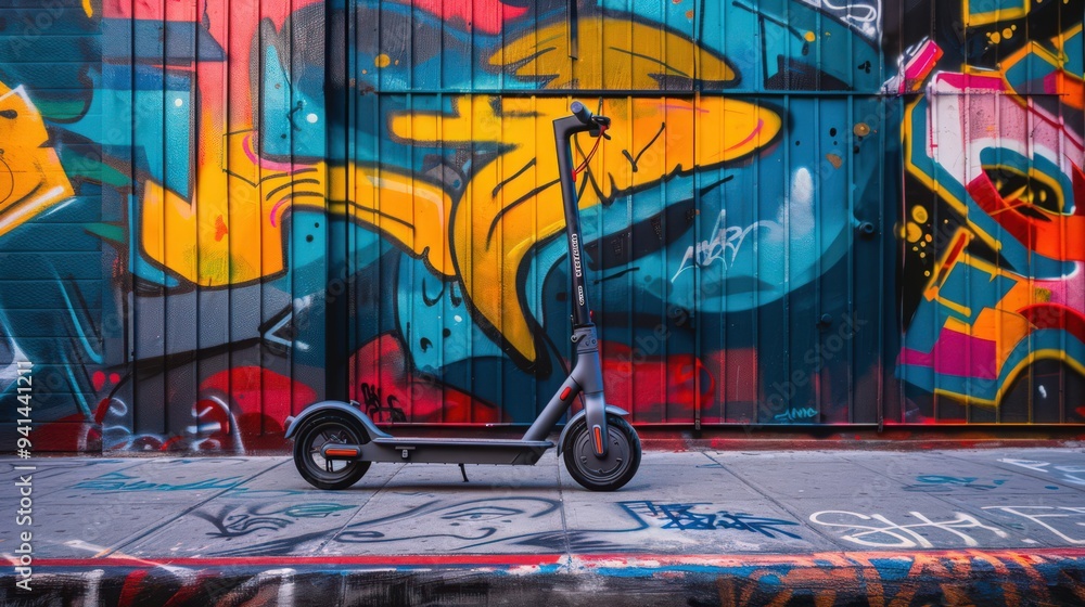 scooter parked against a vibrant city mural, with the urban art adding a colorful backdrop to the modern transportation style scooter parked against a vibrant city mural, with the urban art adding a colorful backdrop to the modern transportation style