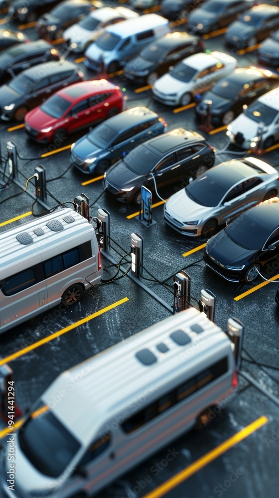 Image of diverse electric vehicles in a well-lit parking lot, connected to charging stations. Sky indicates evening setting, promoting eco-friendly, modern atmosphere. Image of diverse electric vehicles in a well-lit parking lot, connected to charging stations. Sky indicates evening setting, promoting eco-friendly, modern atmosphere.