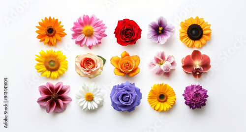 A diverse collection of colorful flowers, including sunflowers, roses, daisies, and orchids, neatly arranged in three rows on a white background. 