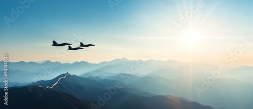 Air force jets flying over the Great Wall, blue skies, national defense, military might, patriotic display
