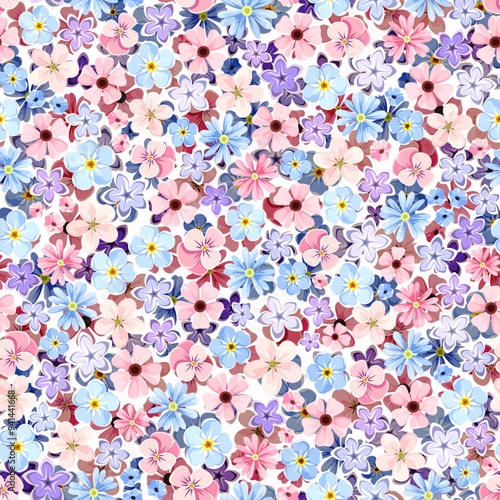 Floral pattern with small pink, blue, and purple flowers. Seamless floral print. Vector illustration