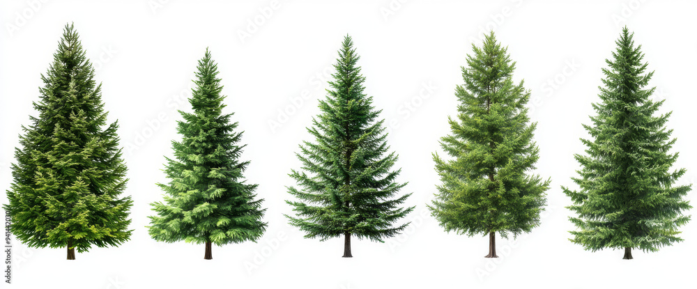 Set of different tree species, showcasing their unique shapes and foliage, isolated against a white background.
