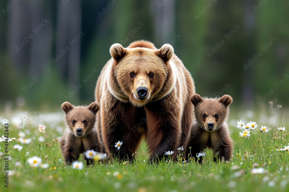 Obraz premium A grizzly bear mother leading her cubs through a meadow, with the wildflowers in full bloom and a sense of nurturing and protection