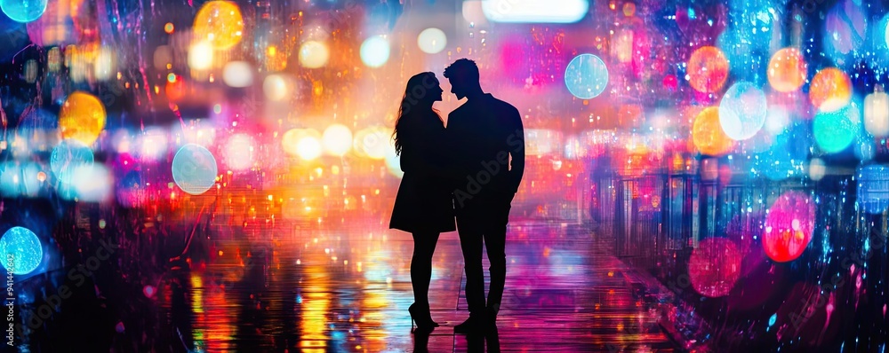 A romantic silhouette of a couple sharing a kiss against a vibrant, colorful bokeh background at night. A romantic silhouette of a couple sharing a kiss against a vibrant, colorful bokeh background at night.