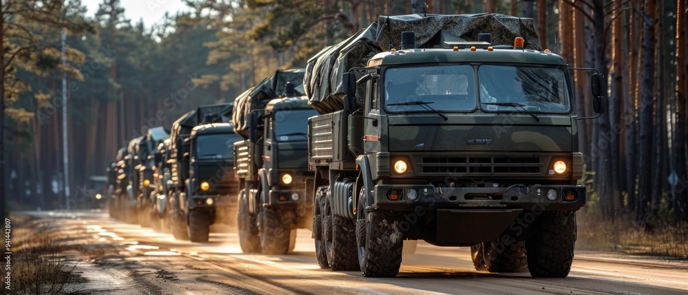 A convoy of 13 military trucks, all green and covered with tarps, moves through a forest on a dusty road. The scene hints at military training or deployment in a rural area at sunrise or sunset.