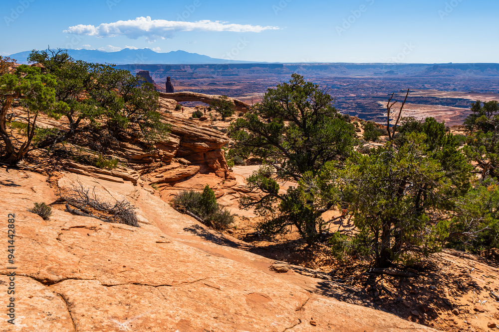 A trail leading towards the Mesa Arch area of the Island in the Sky District of Canyonlands national park in Utah USA.
