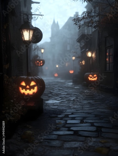 Eerie Glowing Pumpkins Lining a Misty Cobblestone Alley with Gothic Architecture