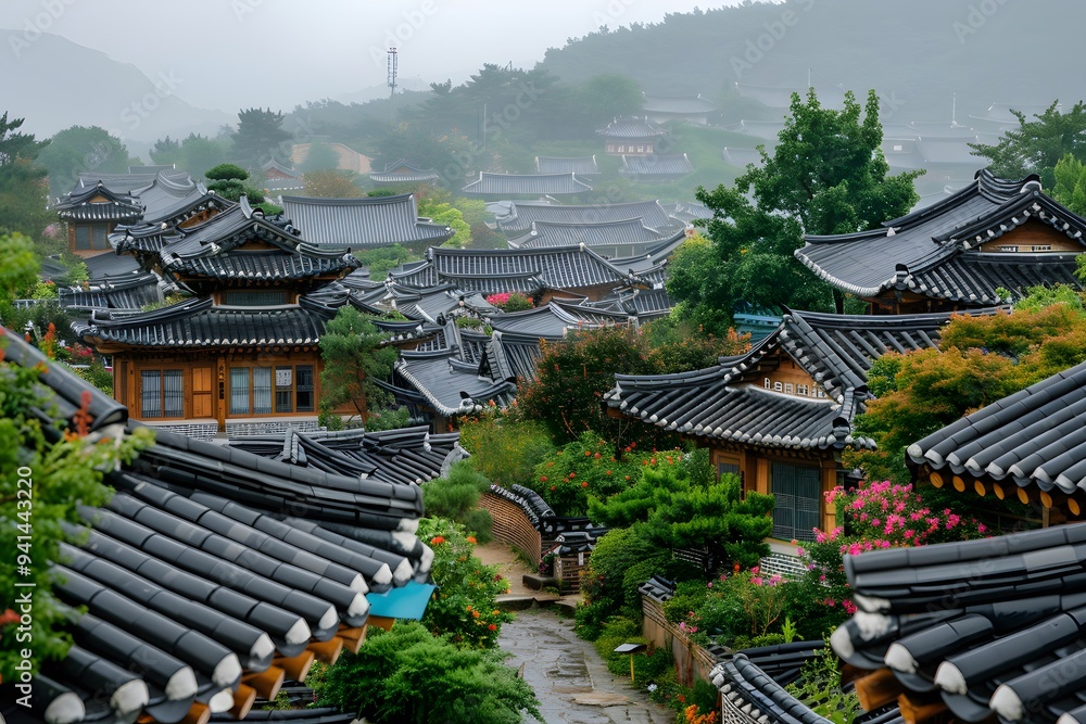 Fototapeta premium Serene View of Traditional Korean Hanok Village Amidst Lush Greenery
