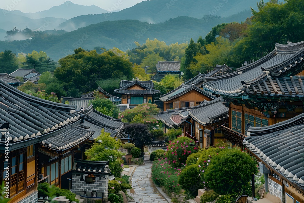 Serene Traditional Village Nestled in Lush Mountains Serene Traditional Village Nestled in Lush Mountains