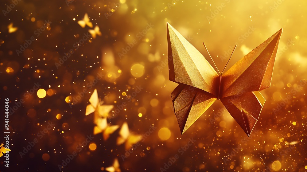 Mystical Gold Origami Butterfly in Galactic Nebula - Enchanting Cosmic Art with Warm Bokeh Effect and Detailed Paper Folds Mystical Gold Origami Butterfly in Galactic Nebula - Enchanting Cosmic Art with Warm Bokeh Effect and Detailed Paper Folds
