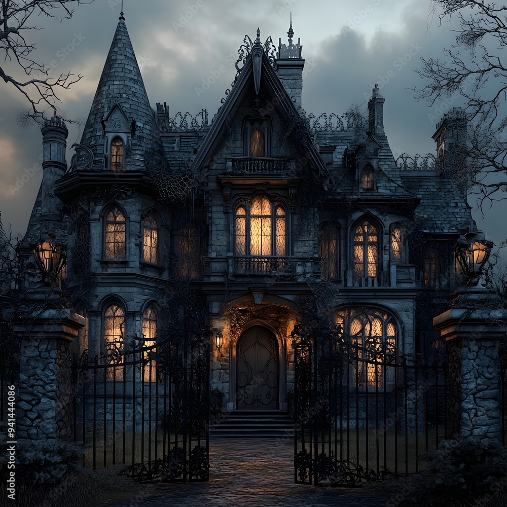 Eerie Gothic Mansion with Glowing Windows in the Dead of Night Shrouded in Shadows and Cobweb Laden Iron Gates Eerie Gothic Mansion with Glowing Windows in the Dead of Night Shrouded in Shadows and Cobweb Laden Iron Gates