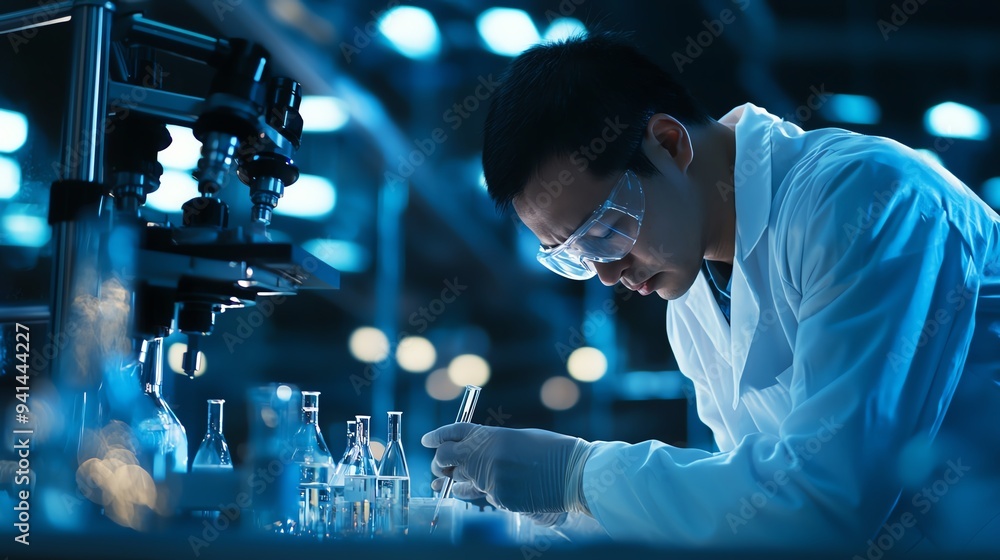 A Chinese scientist in a state-of-the-art lab, conducting research, surrounded by advanced technology, photorealistic, focus on scientific development and national progress A Chinese scientist in a state-of-the-art lab, conducting research, surrounded by advanced technology, photorealistic, focus on scientific development and national progress