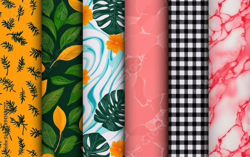 Colorful pattern collection featuring floral, leaf, checkered, and marble designs in vibrant colors. Ideal for backgrounds, textiles, or wallpapers.