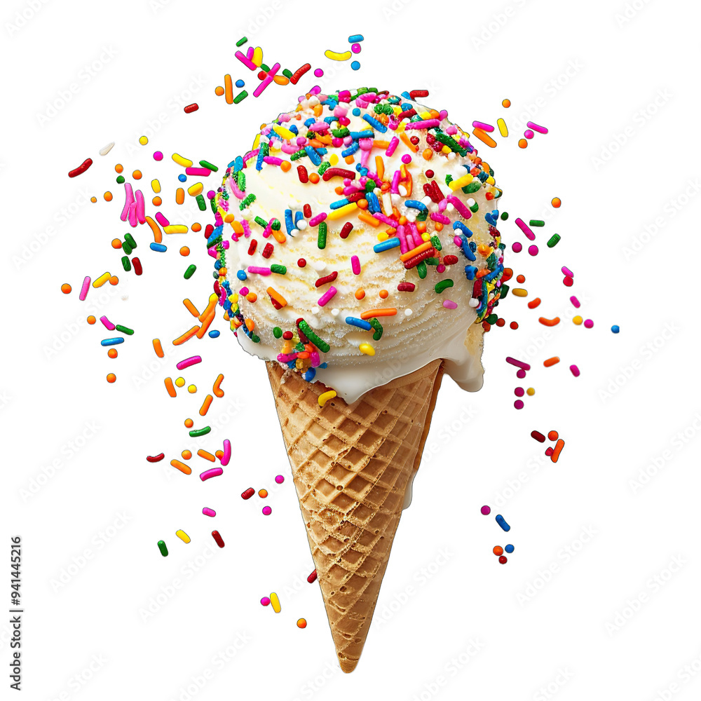 Ice cream sprinkles atop a crisp waffle isolate on Transparency Background Ice cream sprinkles atop a crisp waffle isolate on Transparency Background