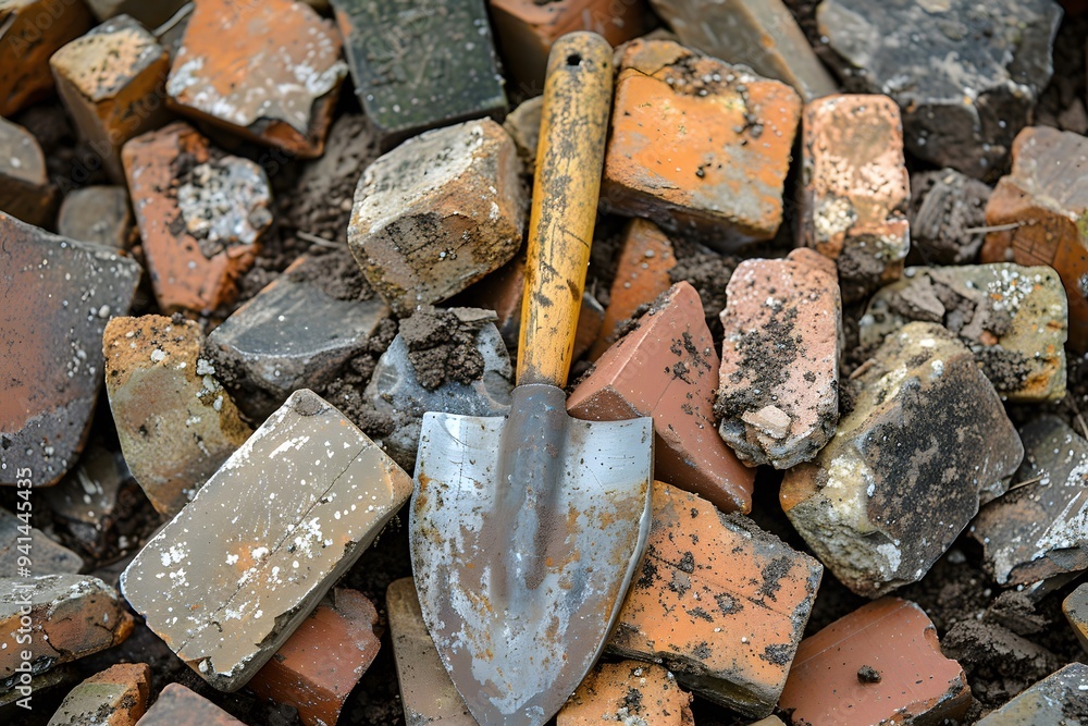 A Shovel Resting on a Pile of Colorful Bricks and Debris A Shovel Resting on a Pile of Colorful Bricks and Debris
