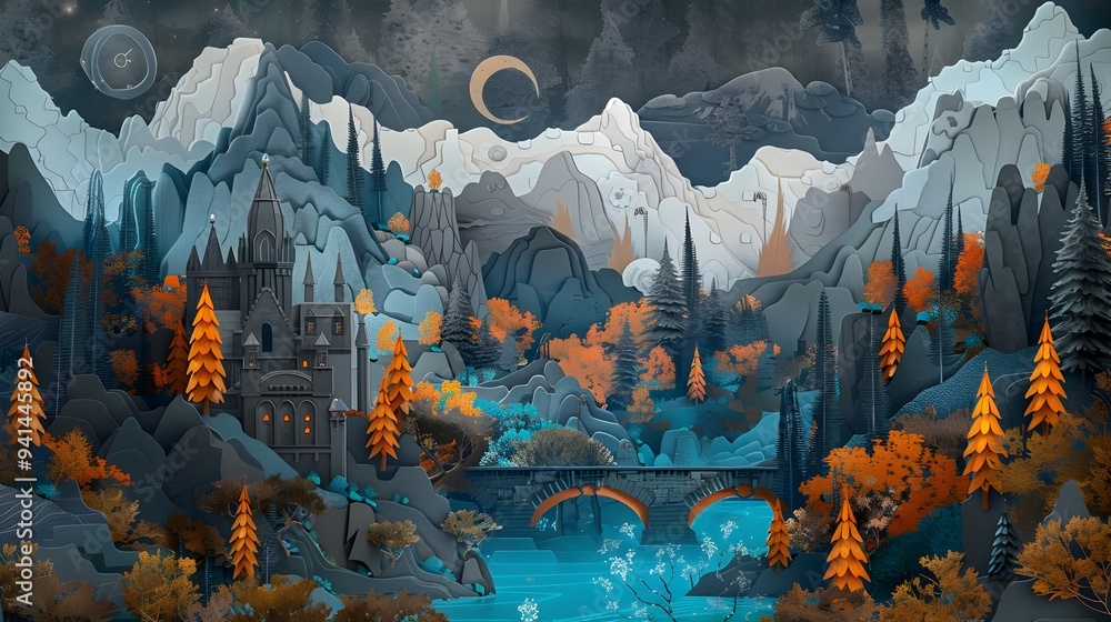 Obraz premium Enchanting Autumn Landscape with Floating Castle,Bridge,and Aurora Borealis