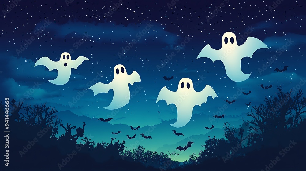 Haunting Green Ghost Silhouettes Soaring in Midnight Blue Halloween Sky with Bats - Vector Illustration Design Element Haunting Green Ghost Silhouettes Soaring in Midnight Blue Halloween Sky with Bats - Vector Illustration Design Element