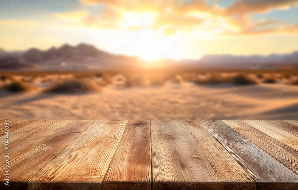 Wooden table top on blur desert background.Hot weather and drink somethings for fresh.Juice and cold water.For montage product display or design key visual layout.View of copy space. Wooden table top on blur desert background.Hot weather and drink somethings for fresh.Juice and cold water.For montage product display or design key visual layout.View of copy space.