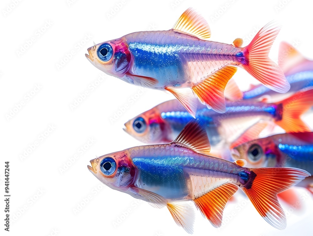 Fototapeta premium Vibrant School of Colorful Cardinal Tetras Swimming in Unison on White Background