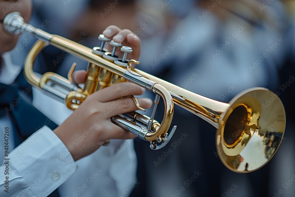 Obraz premium Close-Up of a Musician Playing a Trumpet in a Band Setting
