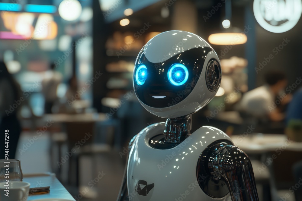 a sleek, silver robot server with glowing blue eyes and a friendly smile stands in a modern cafe, surrounded by minimalist decor and bustling with activity. a sleek, silver robot server with glowing blue eyes and a friendly smile stands in a modern cafe, surrounded by minimalist decor and bustling with activity.