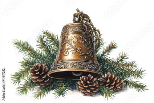 a single, large, bronze christmas bell with a intricate design, sitting on a bed of evergreen branches and pinecones illustration