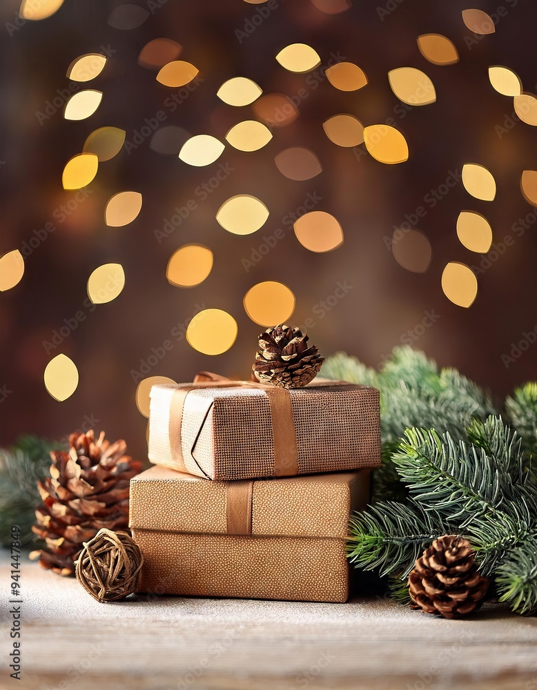gift boxes and pine cones and branches on the background of bokeh garlands gift boxes and pine cones and branches on the background of bokeh garlands