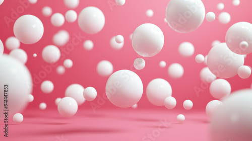 Abstract scene with white spheres floating against a vibrant pink background, creating a sense of softness and depth, ideal for modern design projects.