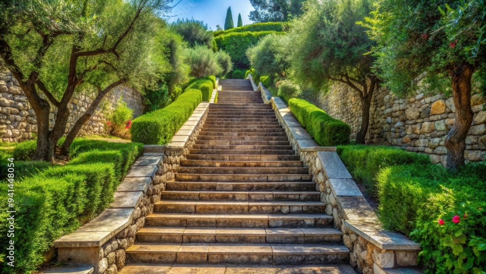 Stone staircase leading up to olive park, with green bushes along the way , ancient, stone, staircase, ascension, small, olive, park Stone staircase leading up to olive park, with green bushes along the way , ancient, stone, staircase, ascension, small, olive, park