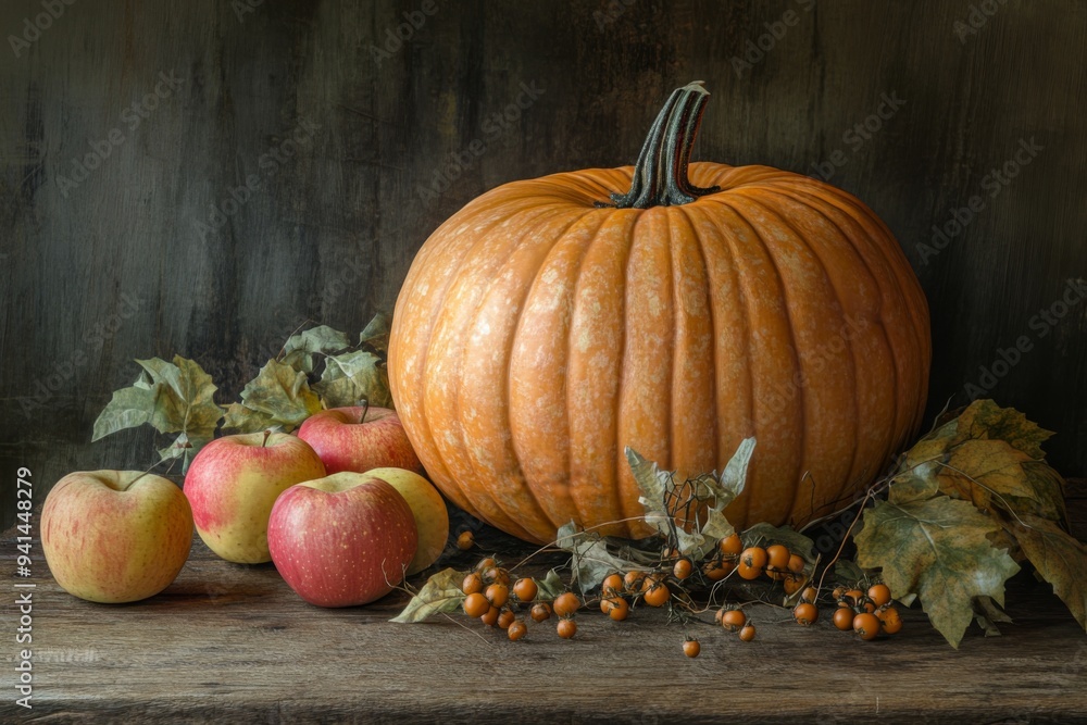 a still life of a pumpkin, apples, and gourds arranged on a rustic table a still life of a pumpkin, apples, and gourds arranged on a rustic table
