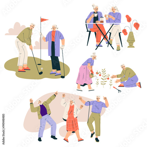 Nursing Home with Retired Man and Woman Character Doing Different Activity Vector Set
