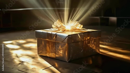 A golden gift glowing in a dark room. Birthday, New Year's Eve and other event gifts