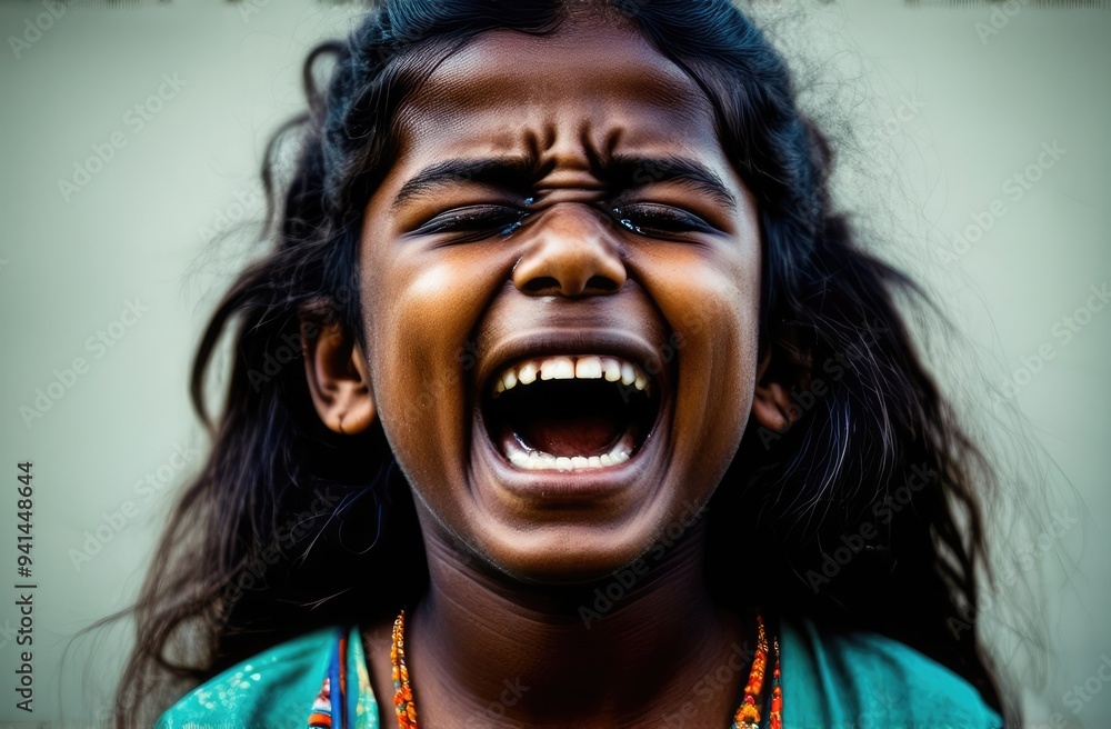 upset indian girl screaming, crying on grey backdrop. shock, emotional breakdown and depression upset indian girl screaming, crying on grey backdrop. shock, emotional breakdown and depression