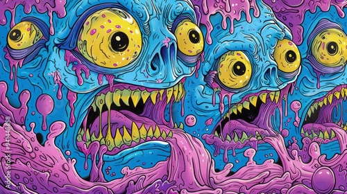 Hand drawn zombie monster illustration for full print t-shirt design, outline style, hyper maximalism, heavy composition.