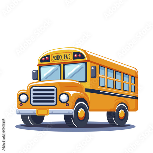 Illustration of a yellow school bus with black accents, parked on a white background. Concept of education and transportation. Vector illustration