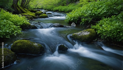 A close-up of a stream and green foliage capturing spring's essence