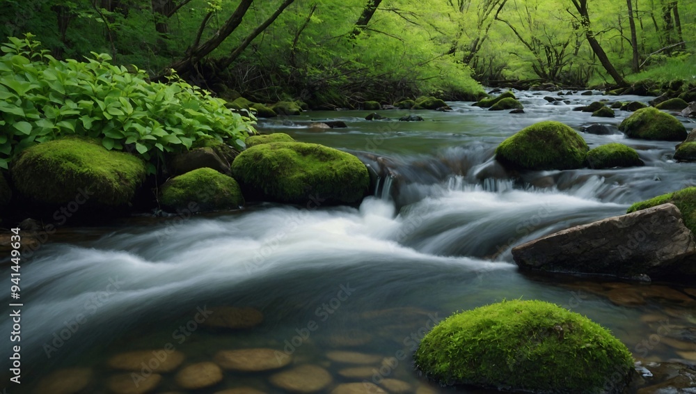 A close-up of a stream and green foliage capturing spring's essence A close-up of a stream and green foliage capturing spring's essence