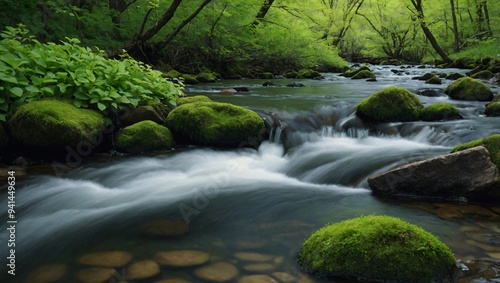A close-up of a stream and green foliage capturing spring's essence