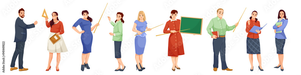 A group of teachers standing together holding various teaching tools, on a white background. Concept of education and teaching. Vector illustration A group of teachers standing together holding various teaching tools, on a white background. Concept of education and teaching. Vector illustration