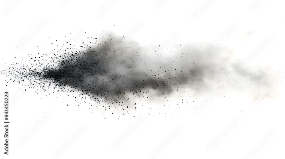 Fototapeta premium CG Floating Cloud of Dust Particles: A diffuse cloud of tiny CG dust particles, softly lit and suspended in mid-air on a white background.