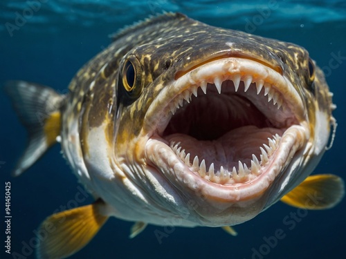 A close-up view of a fish’s mouth displaying its teeth
