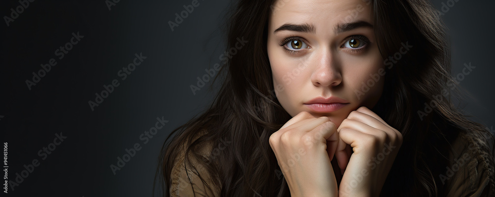 Young woman with thoughtful expression gazes intently while resting her chin on her hands in a dimly lit setting Young woman with thoughtful expression gazes intently while resting her chin on her hands in a dimly lit setting