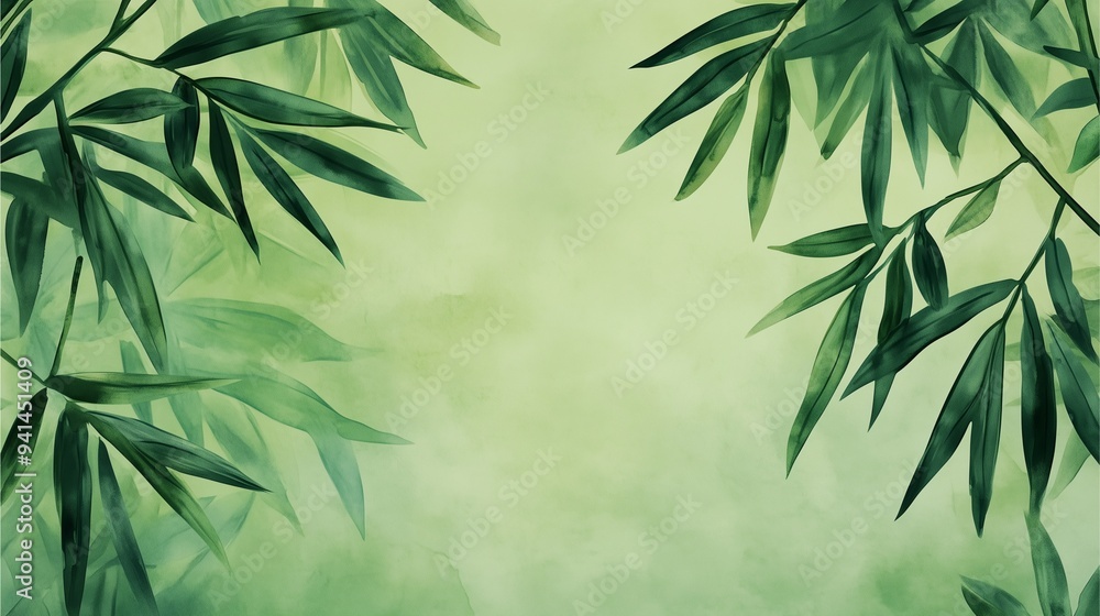 Fototapeta premium Green Forest Watercolor: Watercolor bamboo leaves on green background with natural foliage.